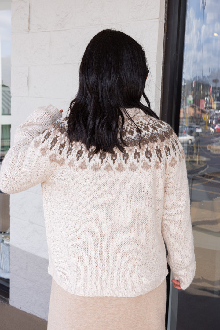 Women's Ivory button front sweater cardigan with print around the shoulders by Blu Pepper showing up close back view