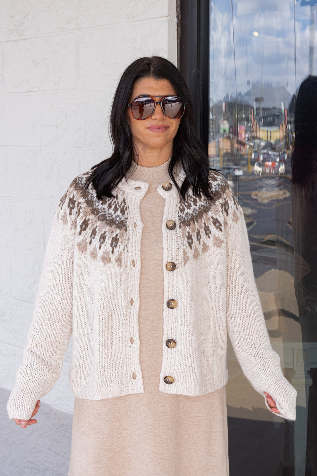 Women's Ivory button front sweater cardigan with print around the shoulders by Blu Pepper showing up close front view