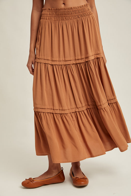 wishlist brand caramel smocked waistband flowy midi skirt front