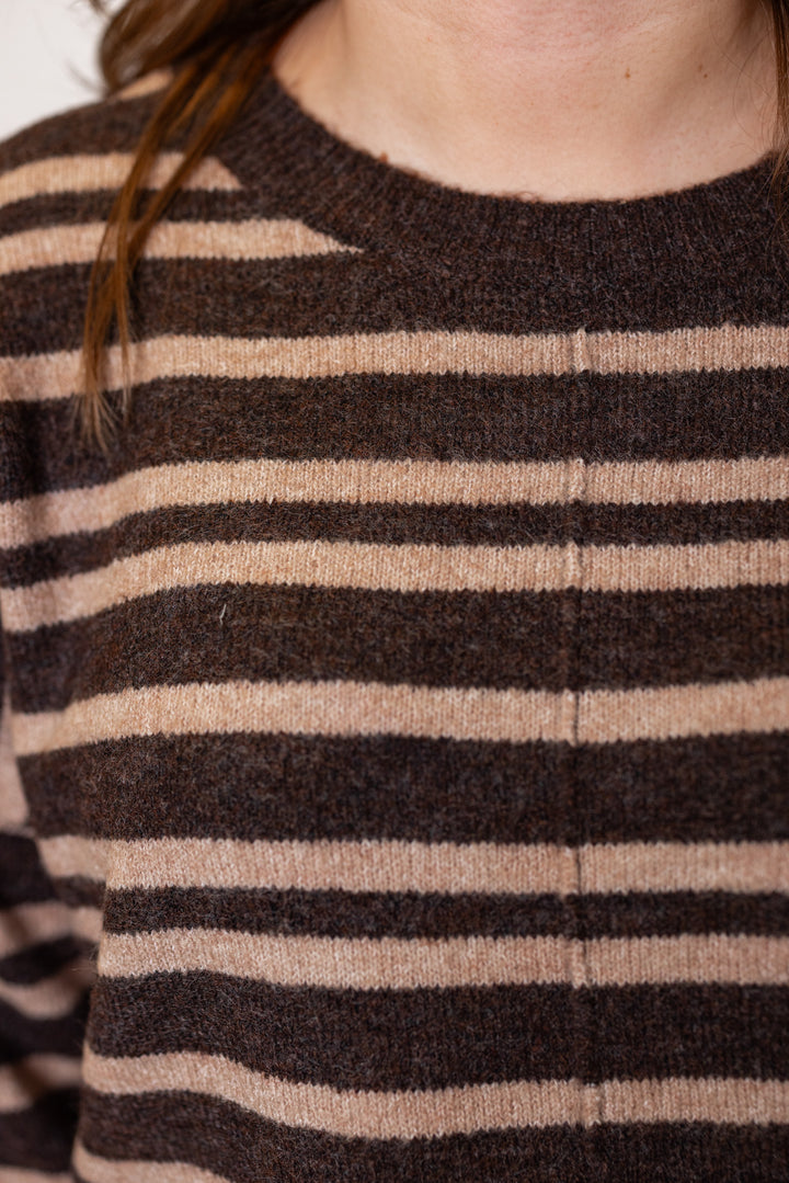 Women's brown and mocha striped sweater knit top by Blu Pepper showing up close view of front seam detail
