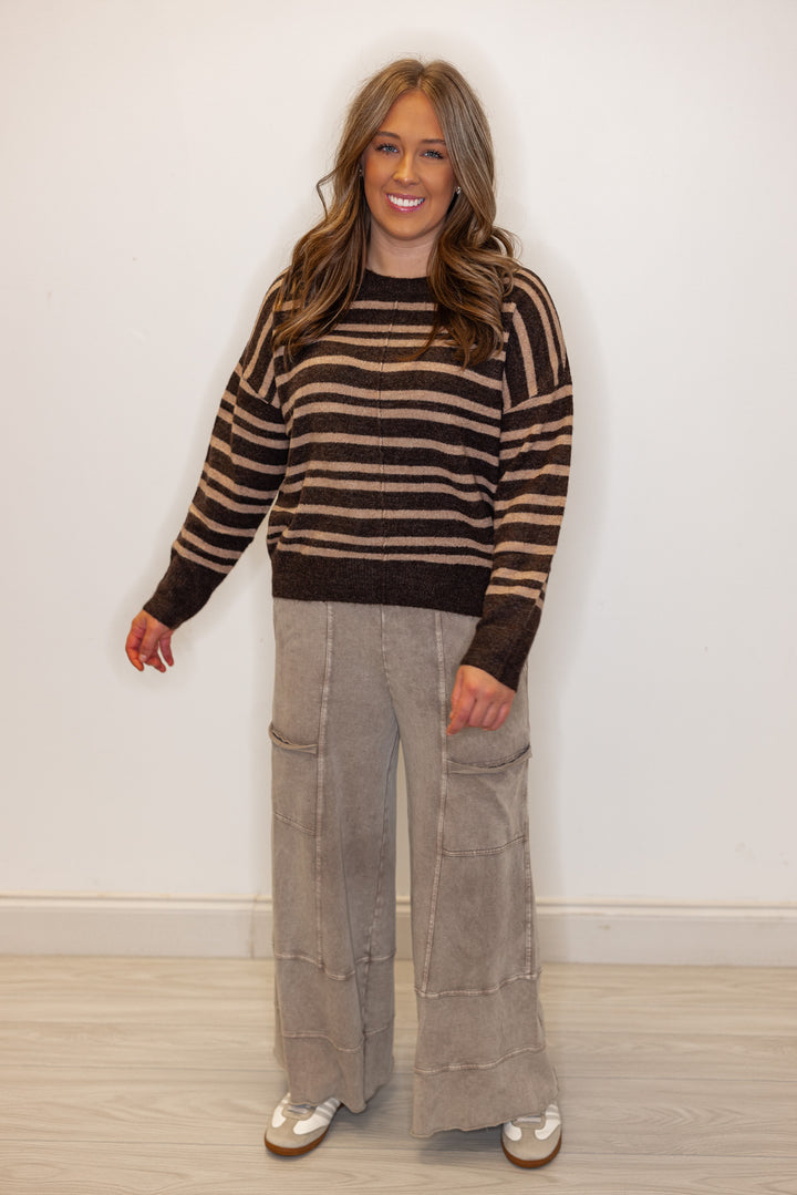 Women's brown and mocha striped sweater knit top with front seam detail by Blu Pepper showing full front view