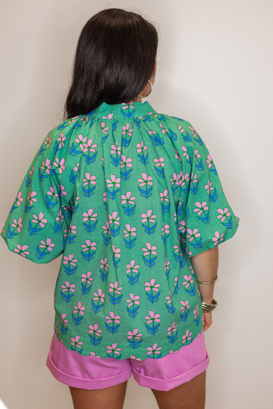 cotton green pink floral women's top