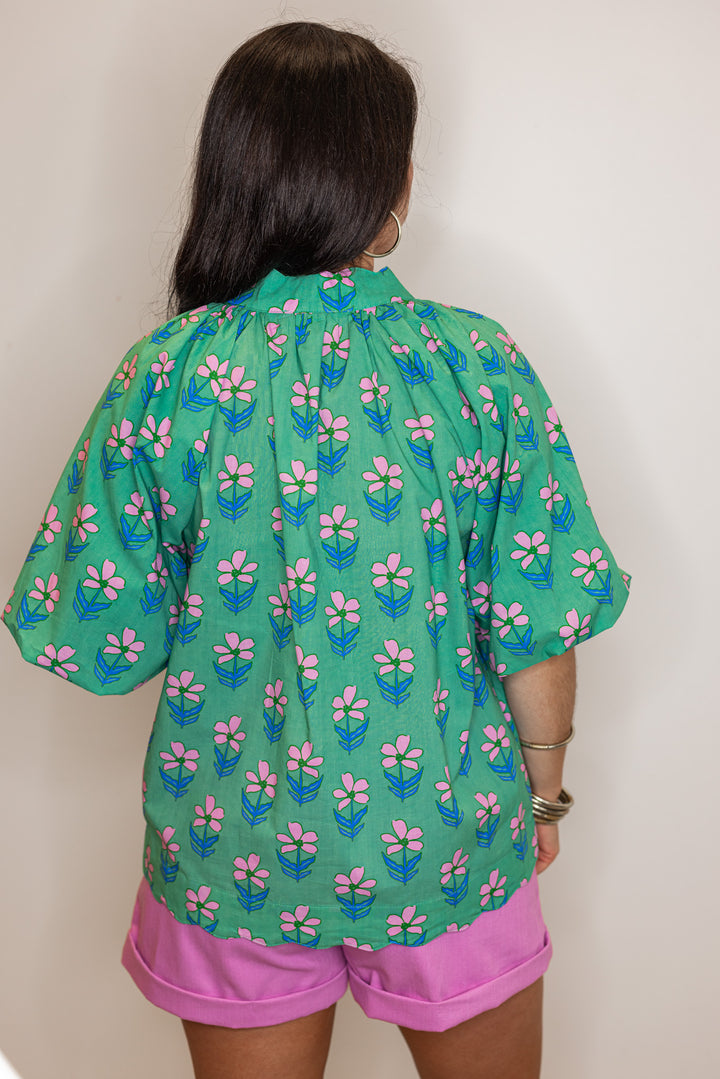 cotton green pink floral women's top