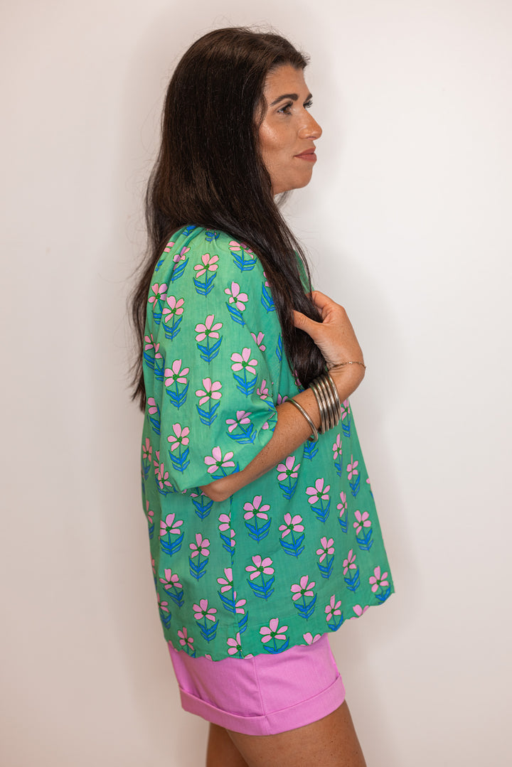 cotton green pink floral women's top