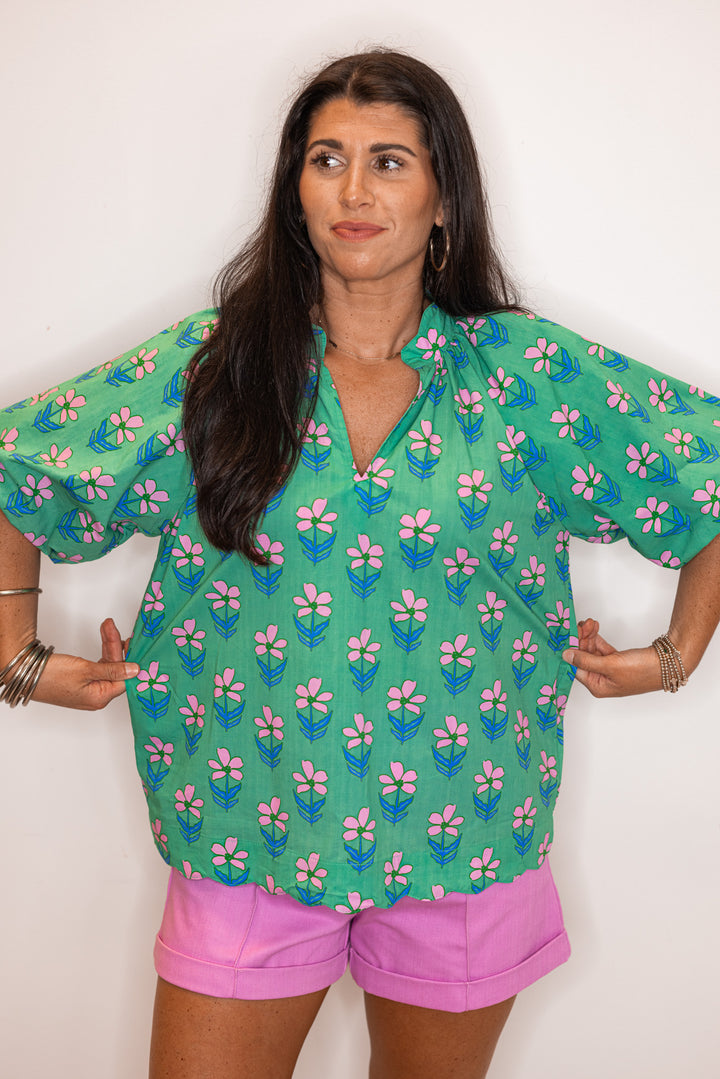 cotton green pink floral women's top