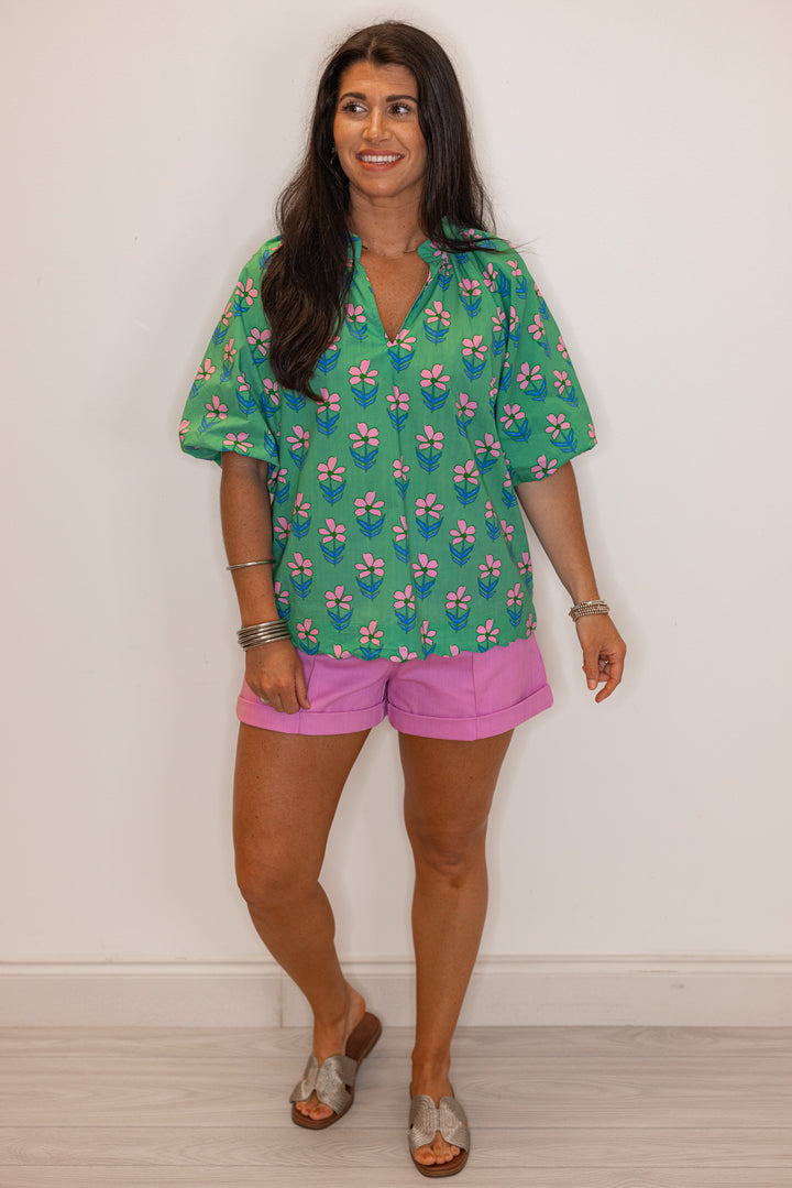 cotton green pink floral women's top