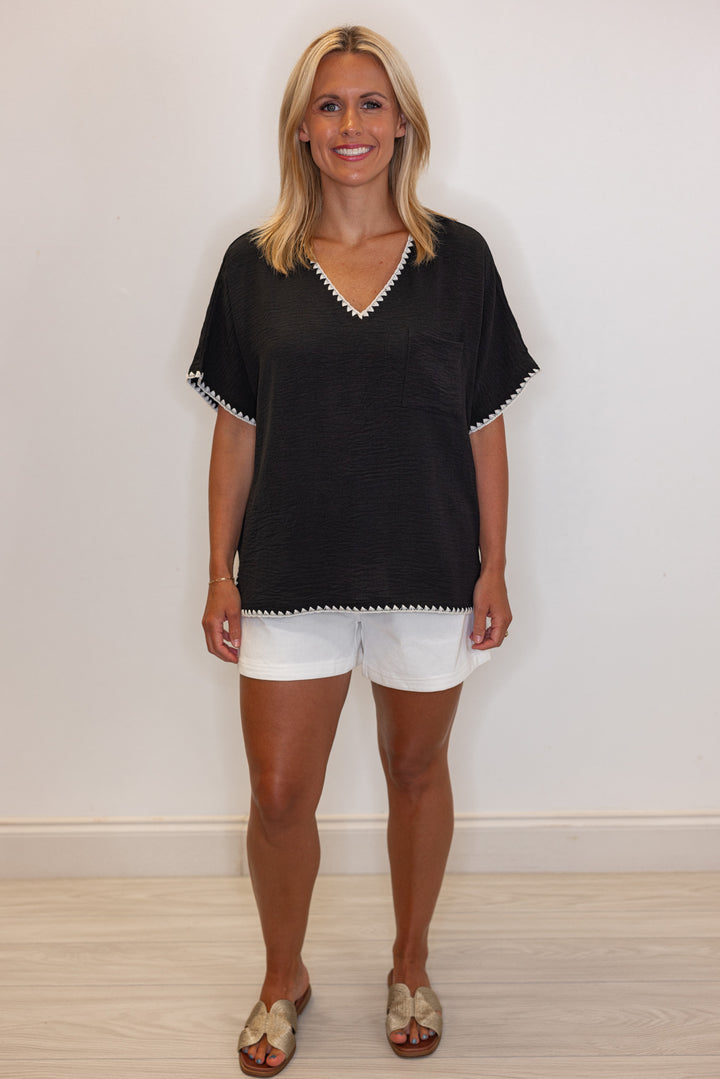 Black lightweight crinkle top with embroidery stitching trim by Jodifl