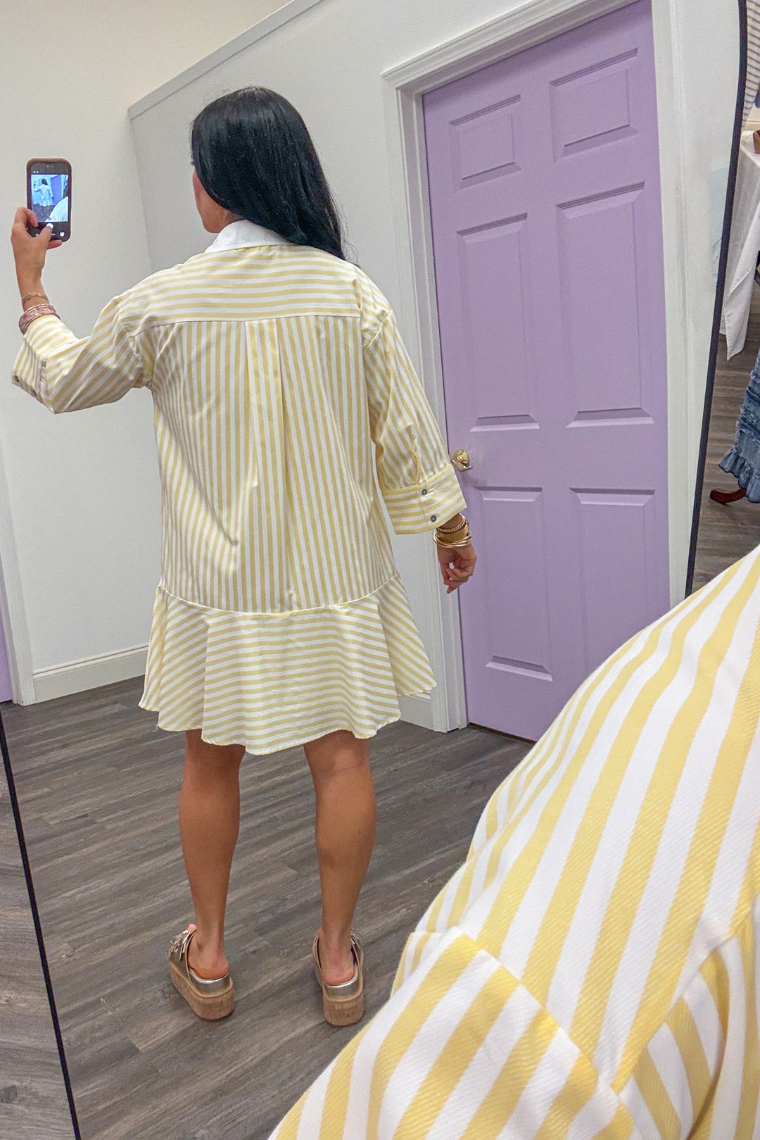 yellow white striped collared long sleeve short peplum hem dress back