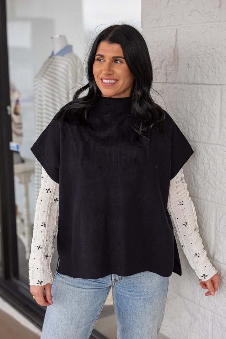 Women's black ribbed knit short dolman sleeve mock neck top by Jodifl