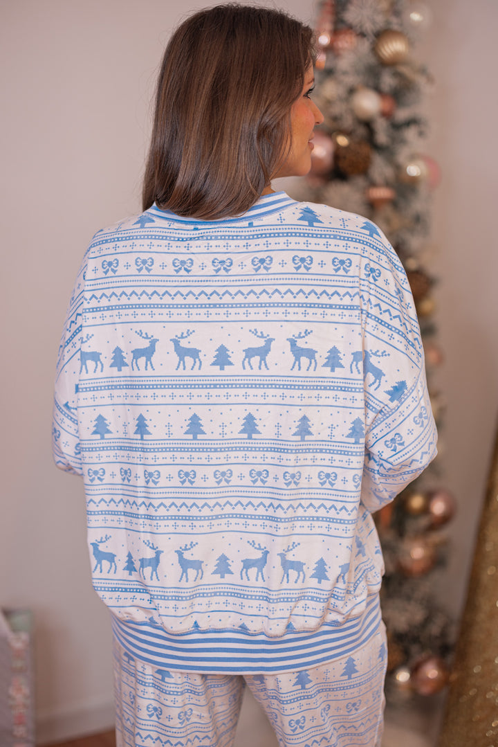 Women's white and light blue Christmas Winter print fleece pajama top by Peach Love California showing up close back view