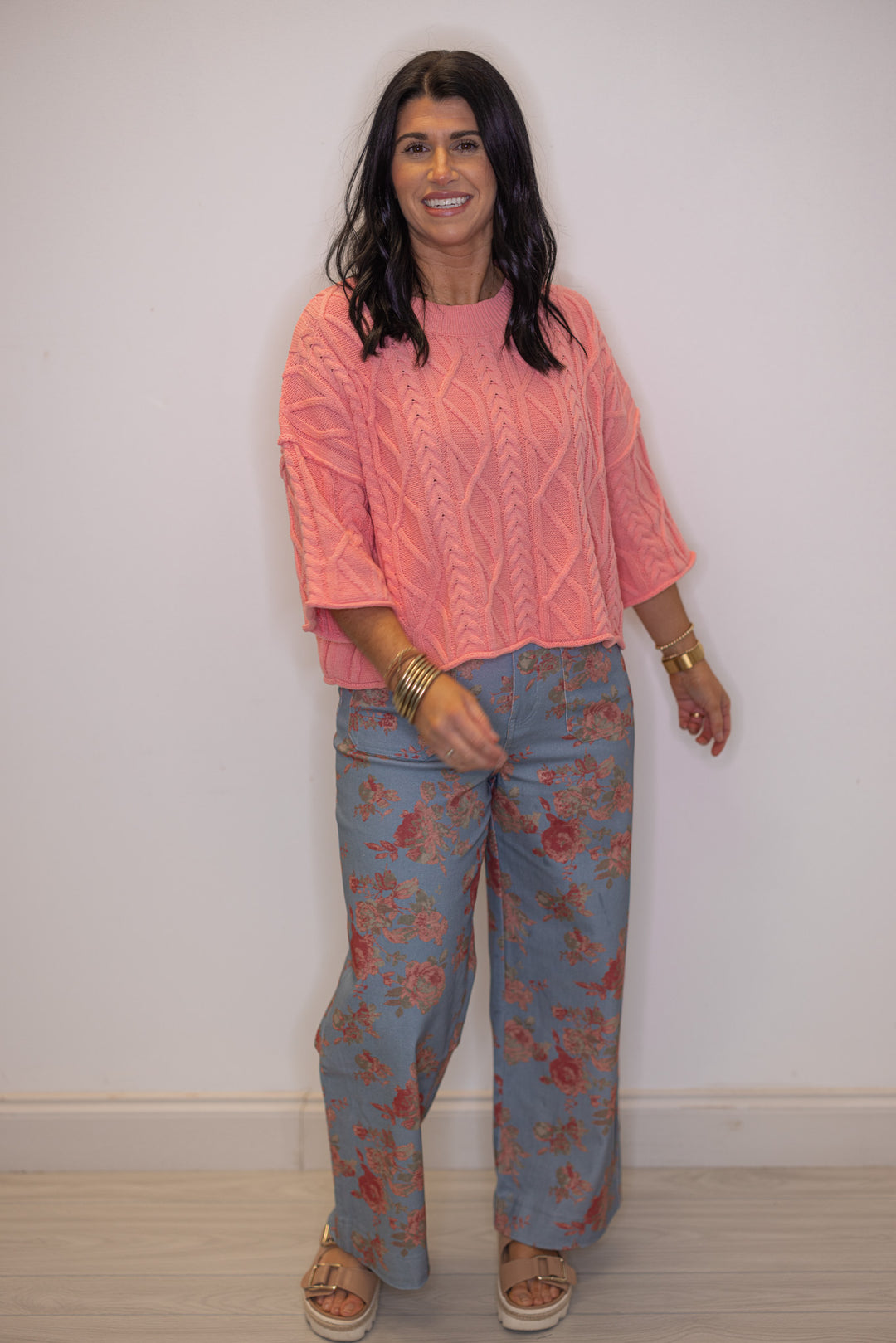 Women's blue twill floral print wide leg pants, great for teachers