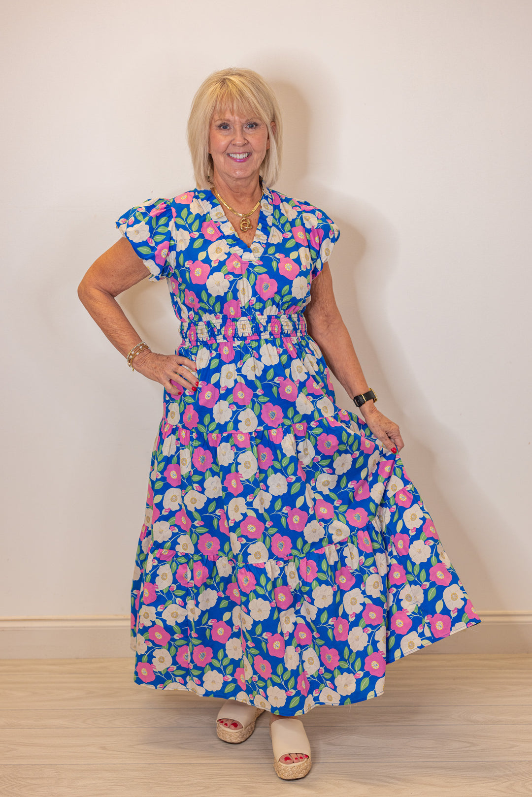 blue pink floral midi dress