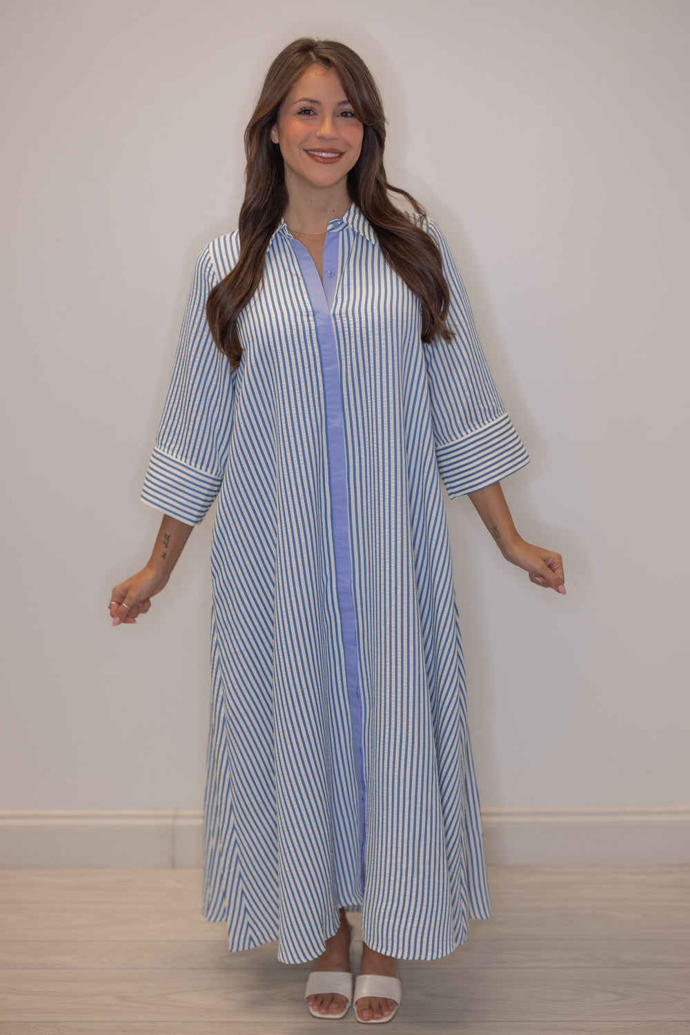 Women's striped blue maxi dress by Entro perfect for church