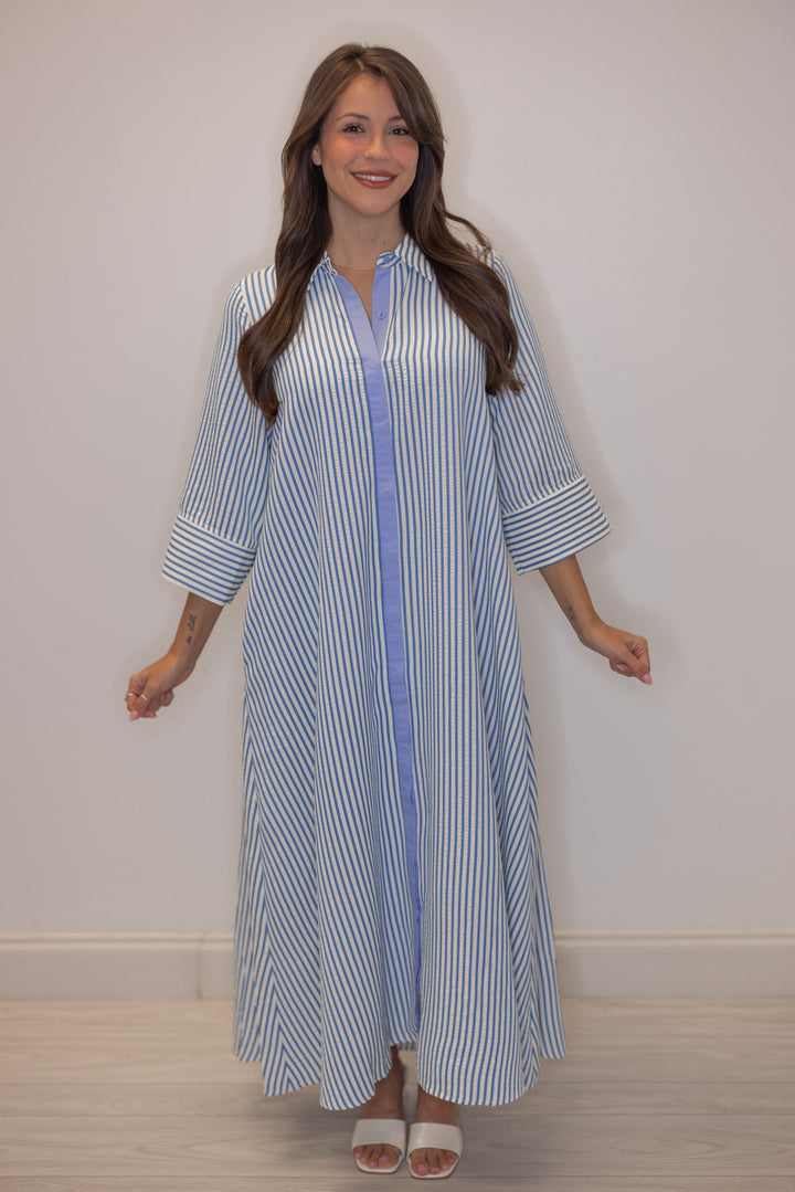 Women's striped blue maxi dress by Entro perfect for church