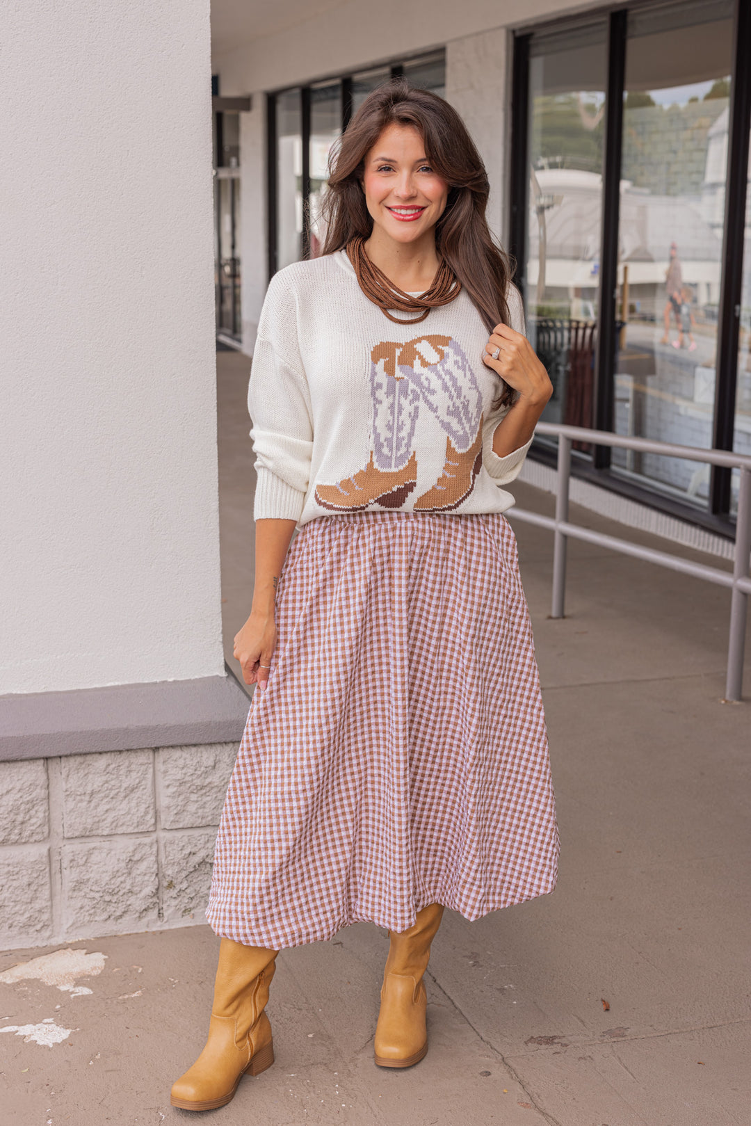 Women's caramel and white gingham textured midi skirt with bubble hem by Easel