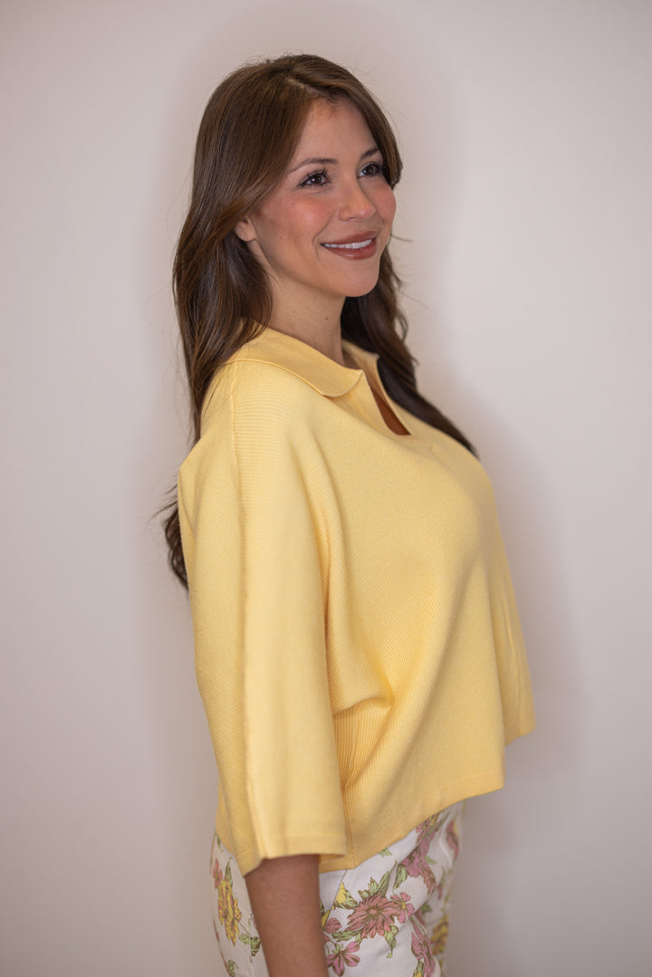 Women's collared butter yellow ribbed knit top by Entro