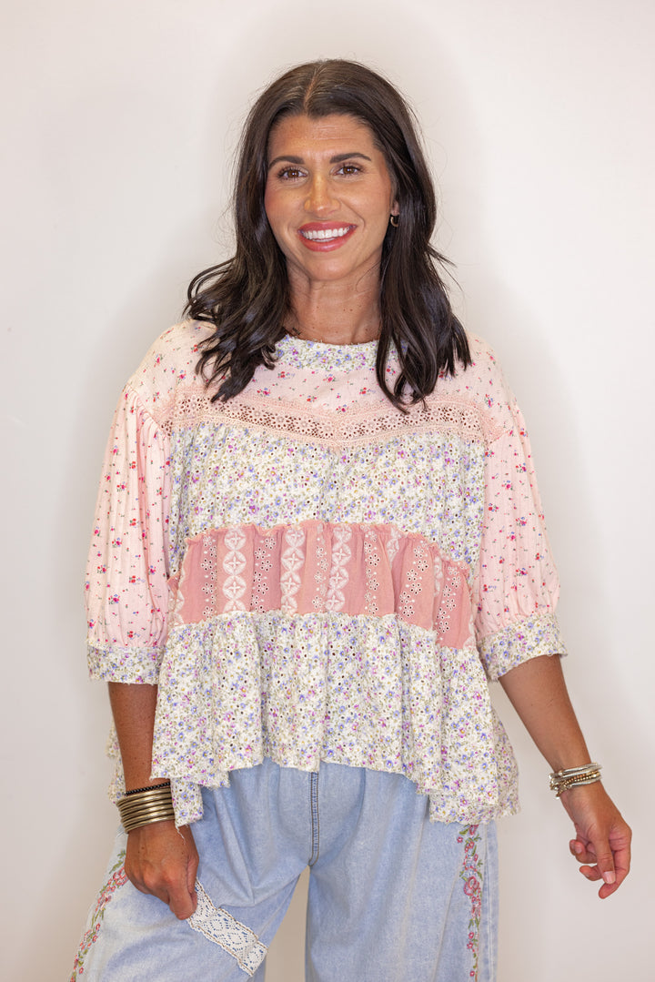 Women's pink and ivory floral patchwork top with embroidery and eyelet details by POL