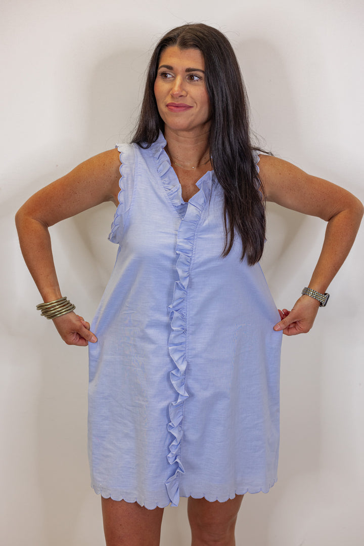 blue linen ruffle trim shift dress
