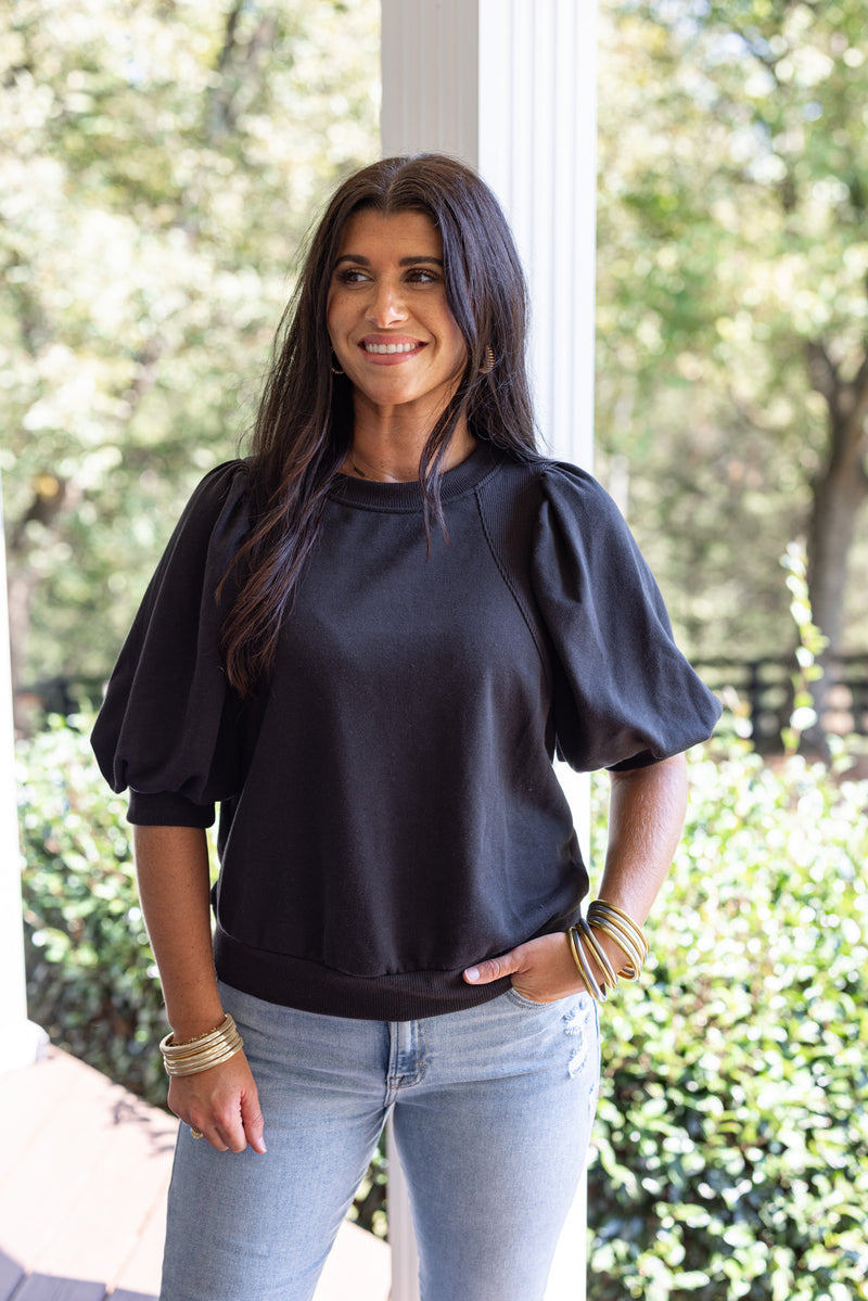 black crew neck bubble sleeve top