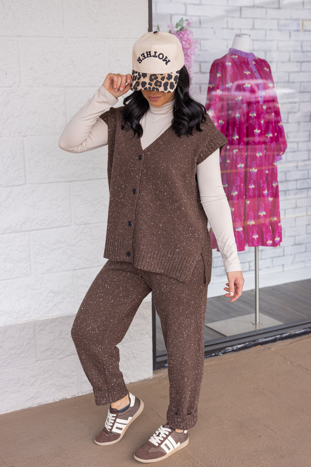 Women's chocolate brown button front sweater knit vest with ribbed trim by Mustard Seed showing full front, slight side view