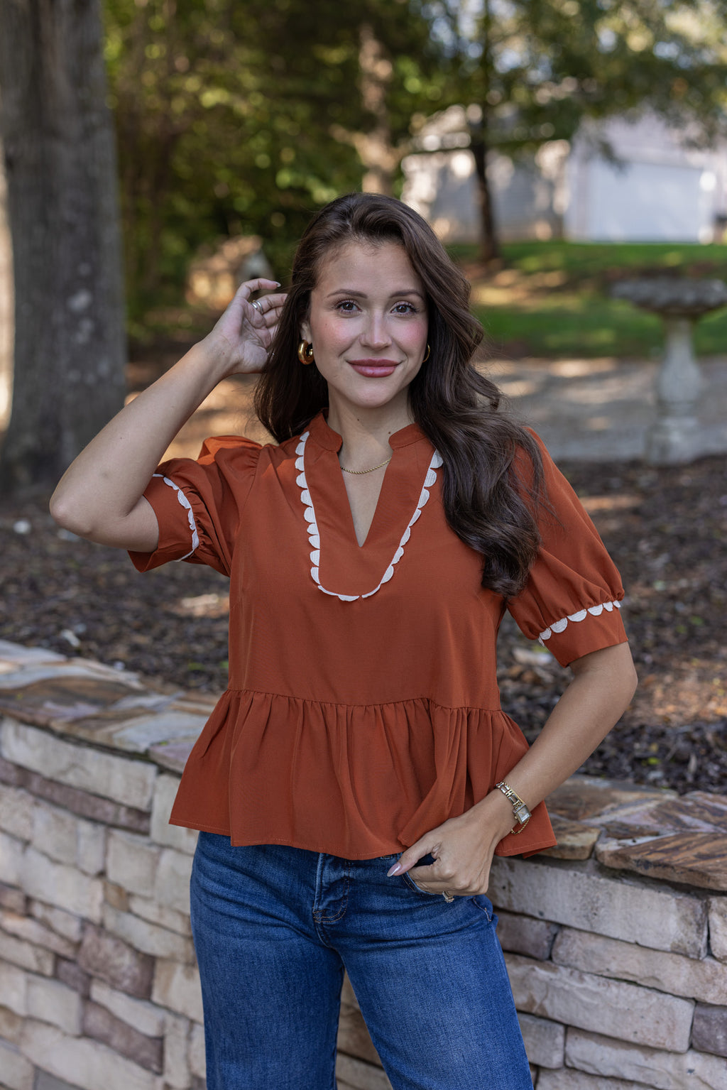 rust ricrac trim peplum top