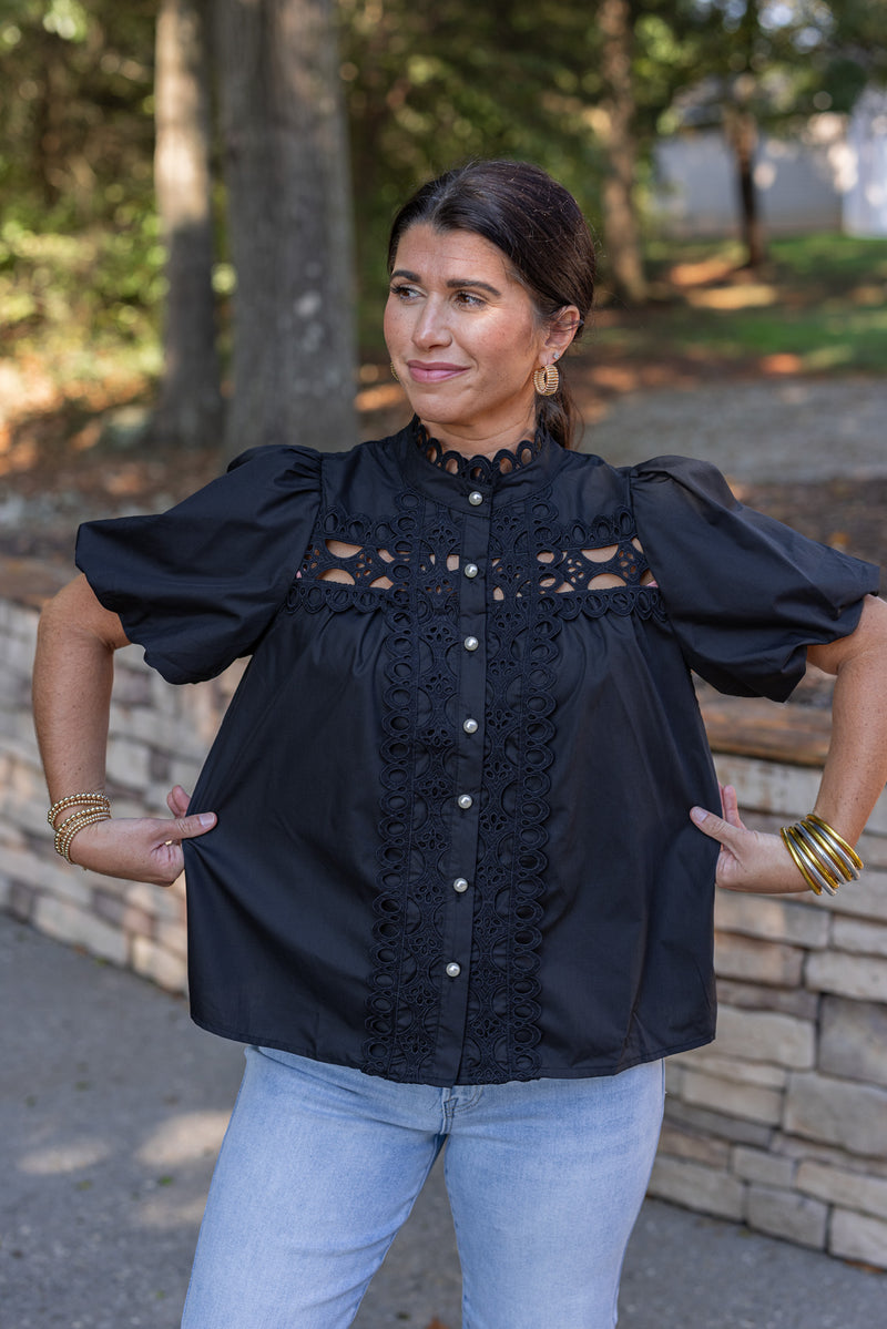 dressy black lace pearl button top