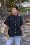 dressy black lace pearl button top