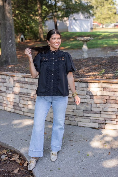 dressy black lace pearl button top