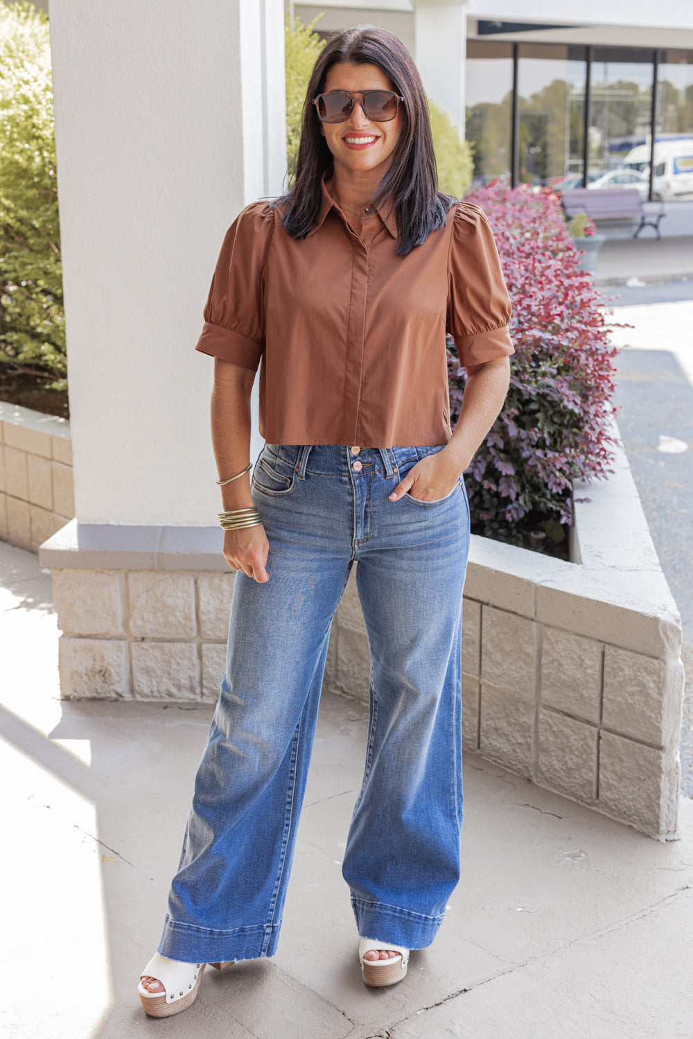 Women's caramel puff sleeve button front cropped top by Entro showing full front view