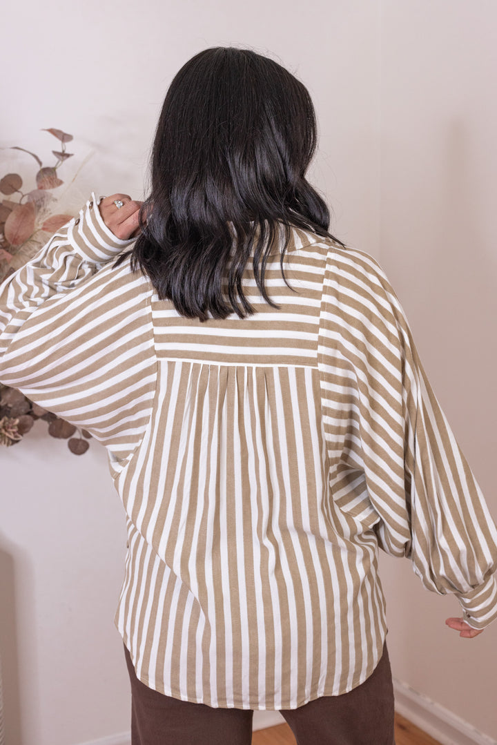 Cream and textured taupe striped button down dolman sleeve hi-low top by &merci showing up close back view