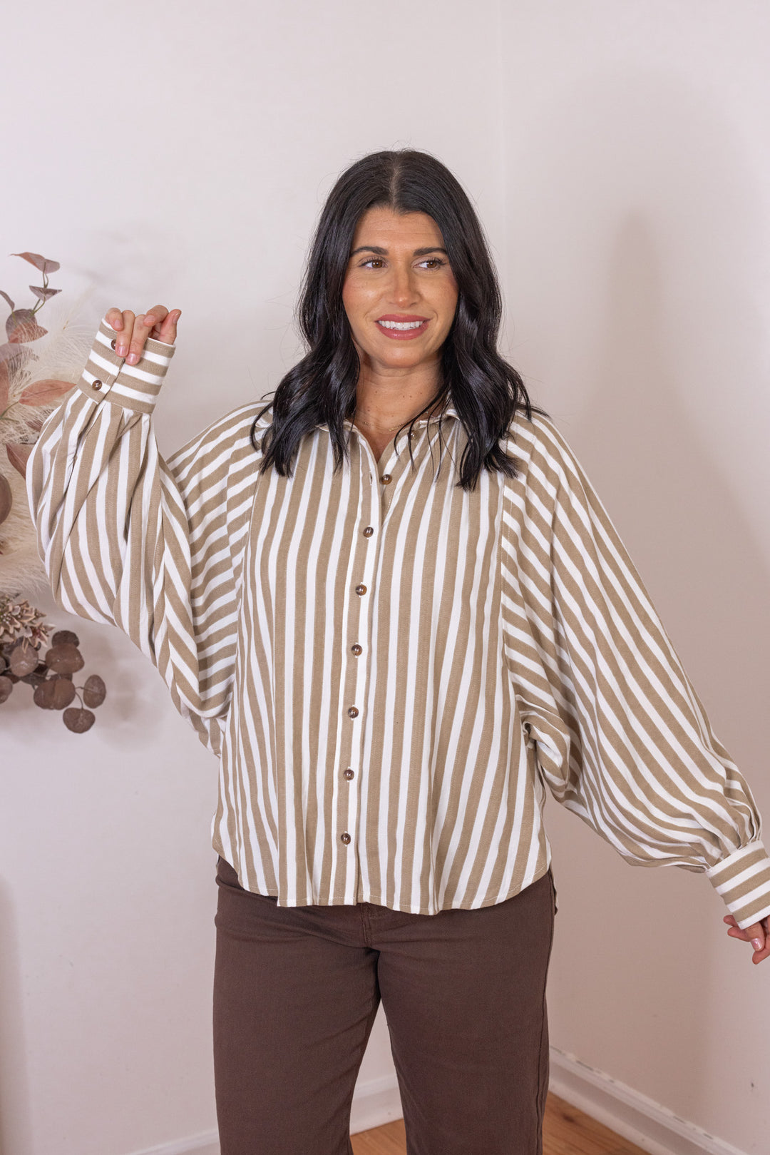 Cream and textured taupe striped button down hi-low top by &merci showing dolman sleeves