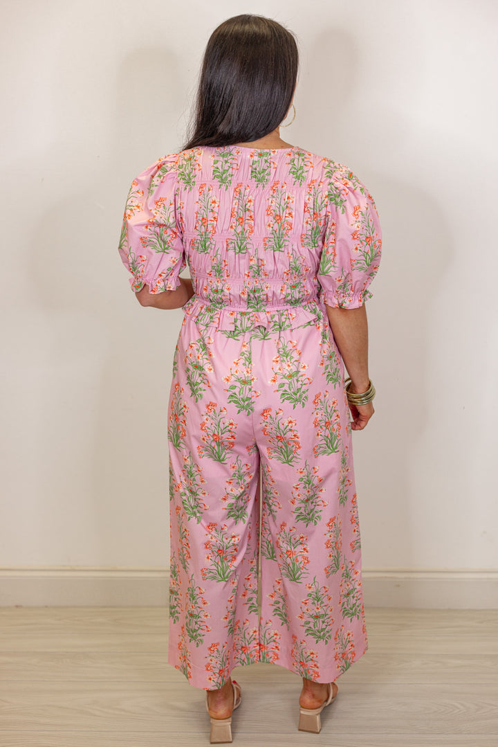 pink floral print cropped jumpsuit