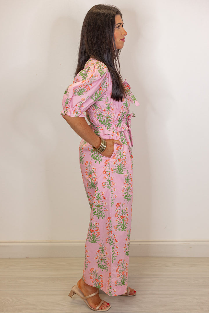 pink floral print cropped jumpsuit