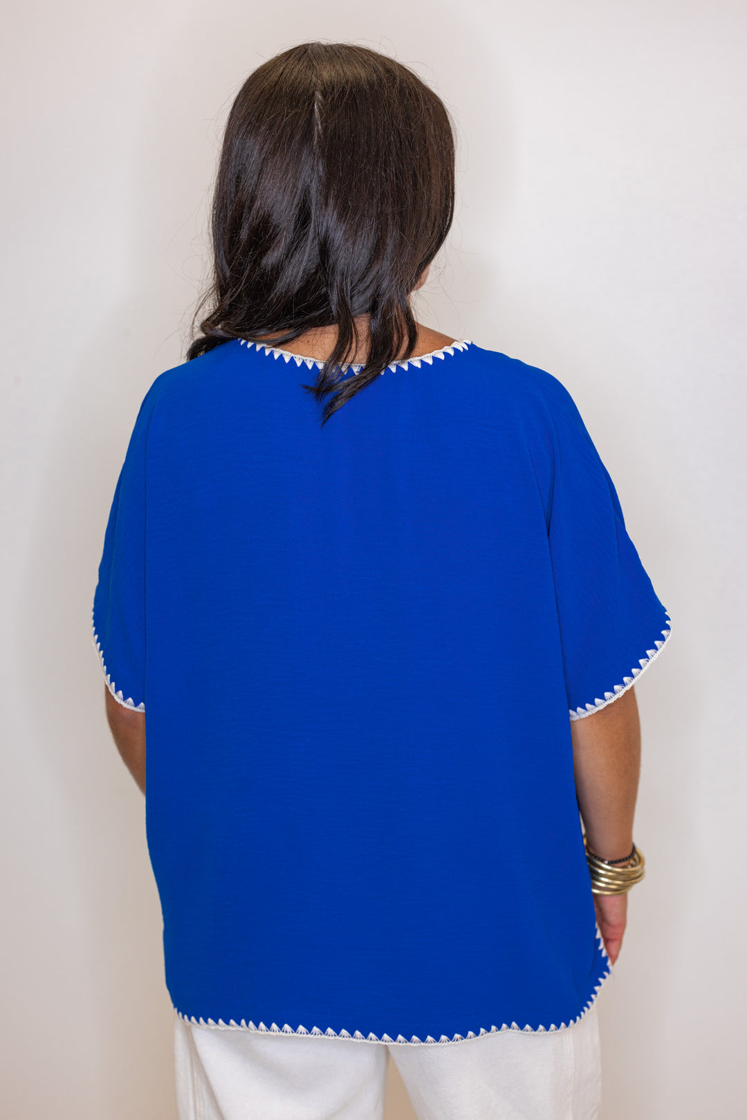 Royal blue lightweight crinkle top with embroidery stitching trim by Jodifl showing up close back view