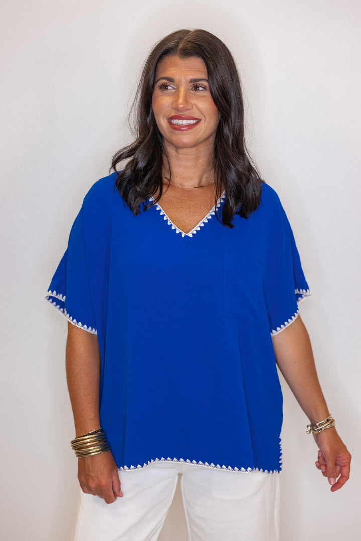 Royal blue lightweight crinkle top with embroidery stitching trim by Jodifl
