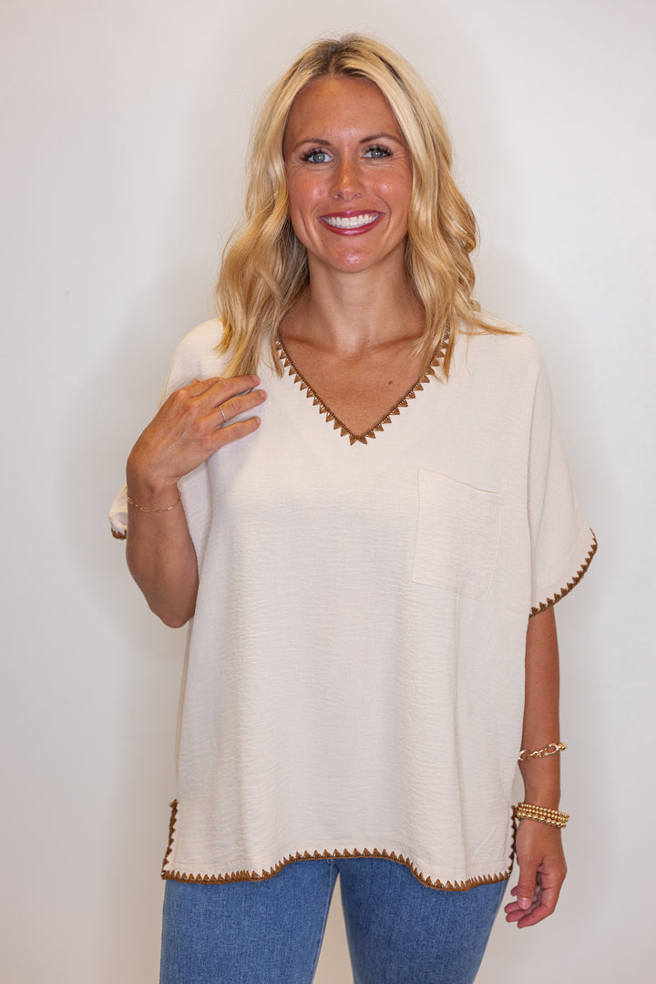 Oatmeal lightweight crinkle top with embroidery stitching trim by Jodifl