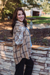 women's taupe blue plaid flannel shacket