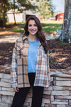 women's taupe blue plaid flannel shacket