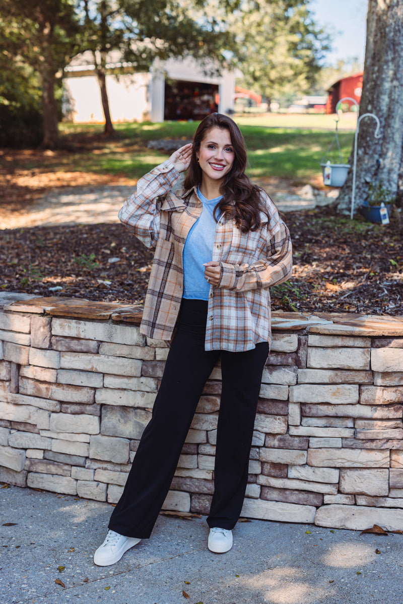 women's taupe blue plaid flannel shacket