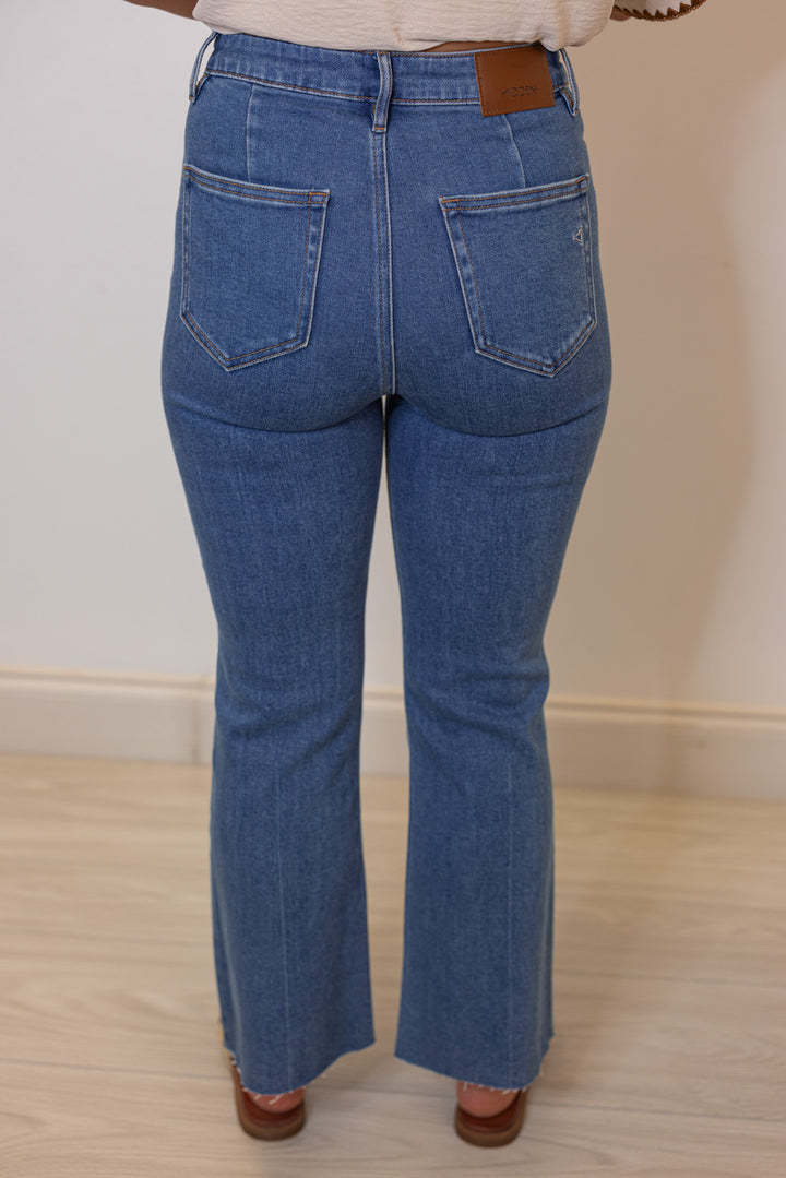 Hidden Jeans Happi crop flare jeans in medium dark denim showing back view