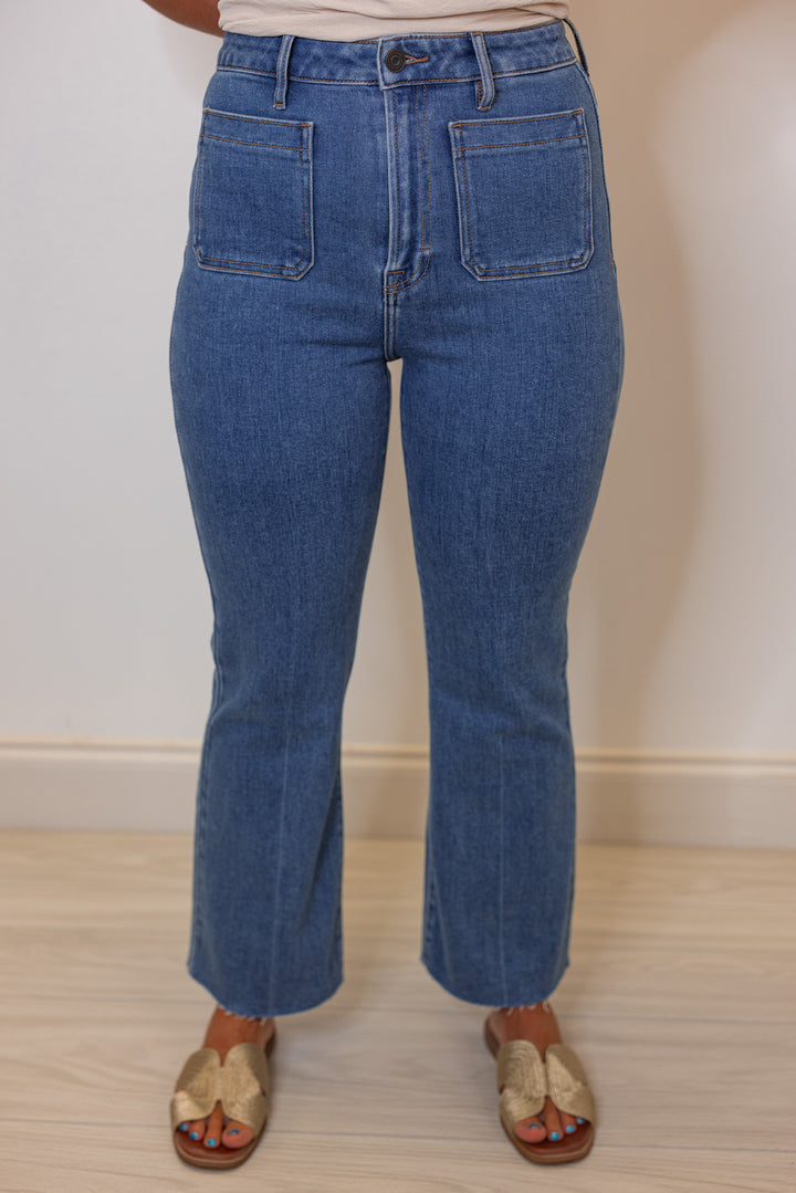 Hidden Jeans Happi crop flare jeans in medium dark denim showing front view
