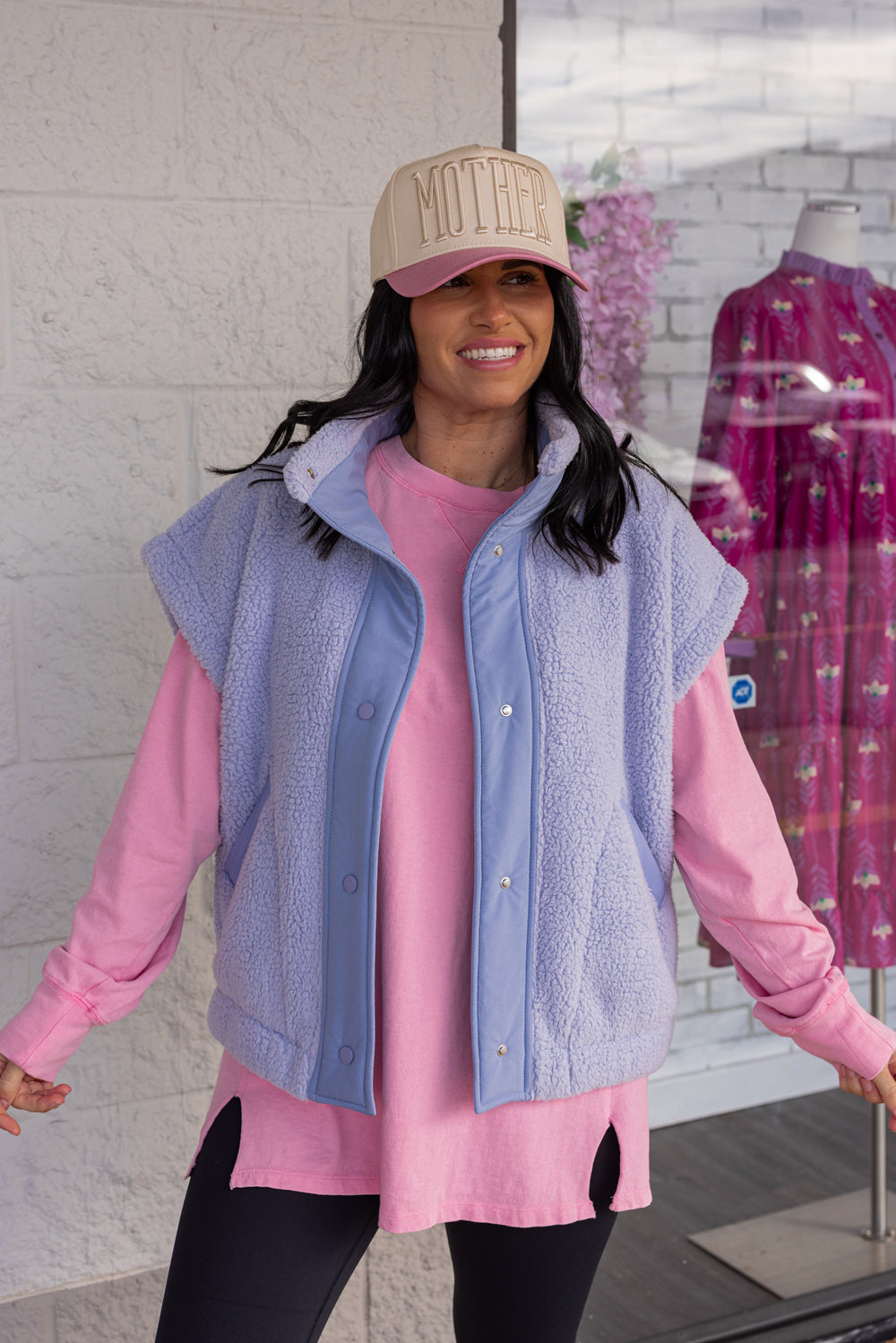 Women's mineral washed taffy pink long sleeve top by Hyfve shown styled as an outfit