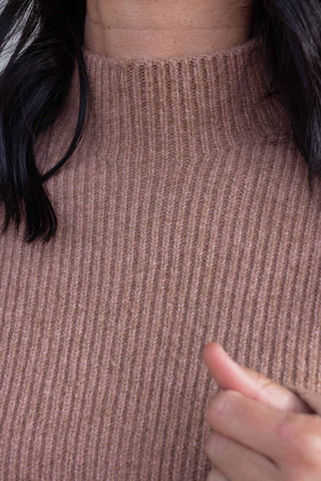 Women's cocoa brown ribbed knit sweater by Wishlist showing ribbed knit fabric