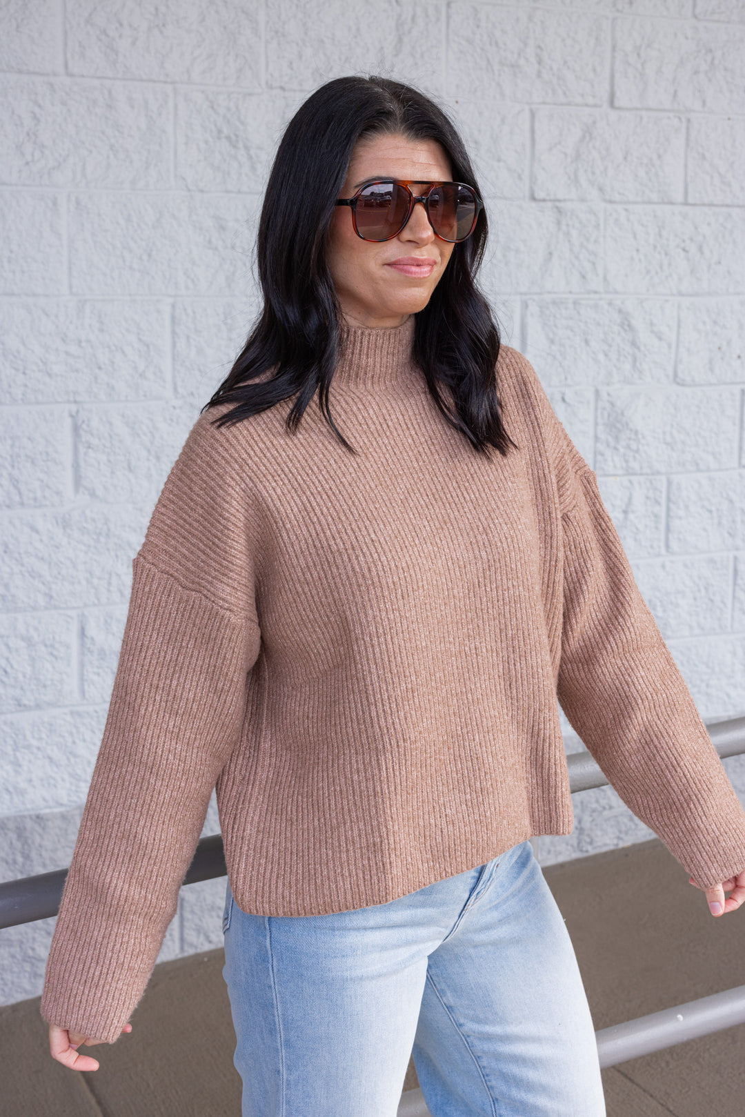 Women's cocoa brown ribbed knit sweater by Wishlist showing slight side view