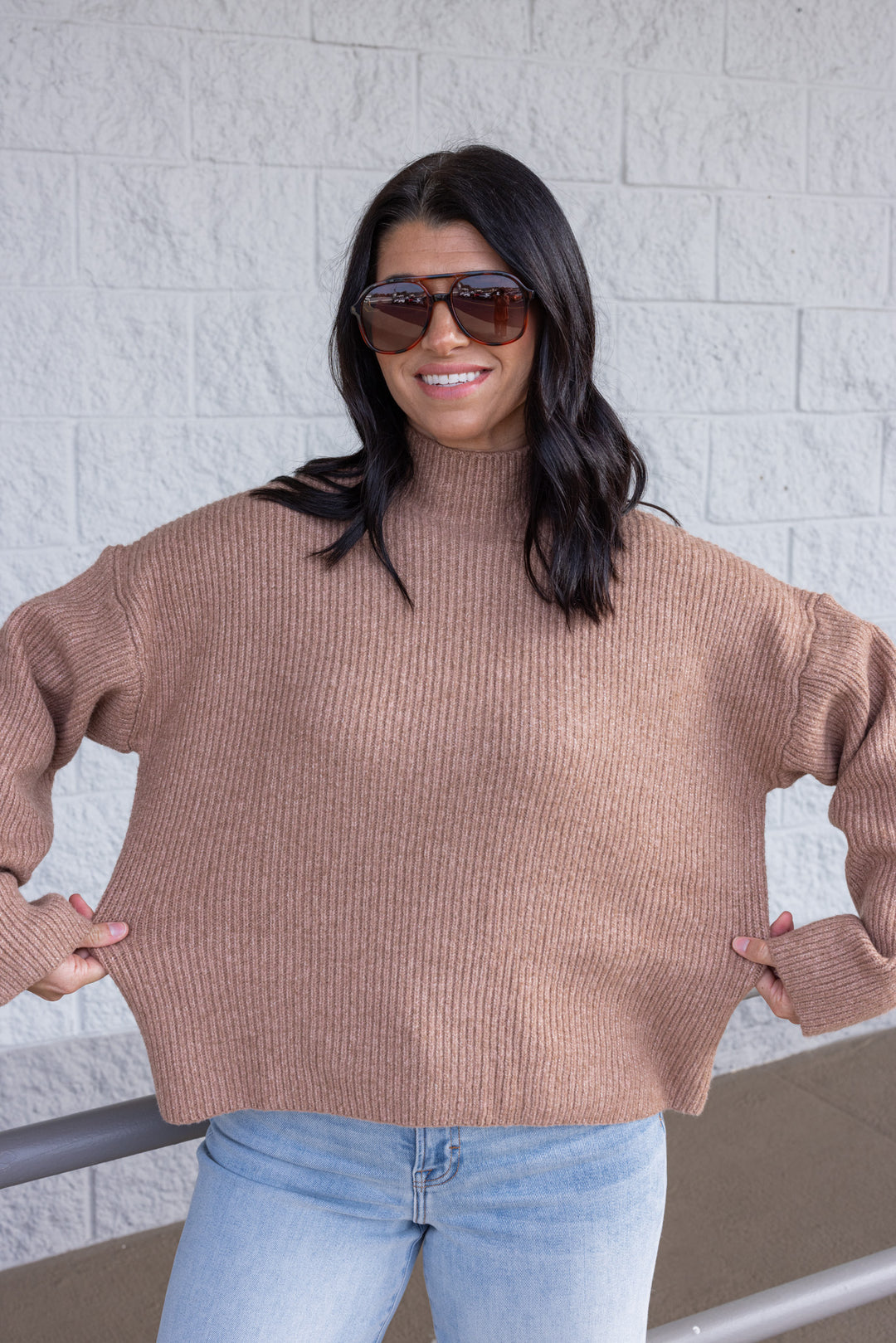 Women's cocoa brown ribbed knit sweater by Wishlist showing true to size fit