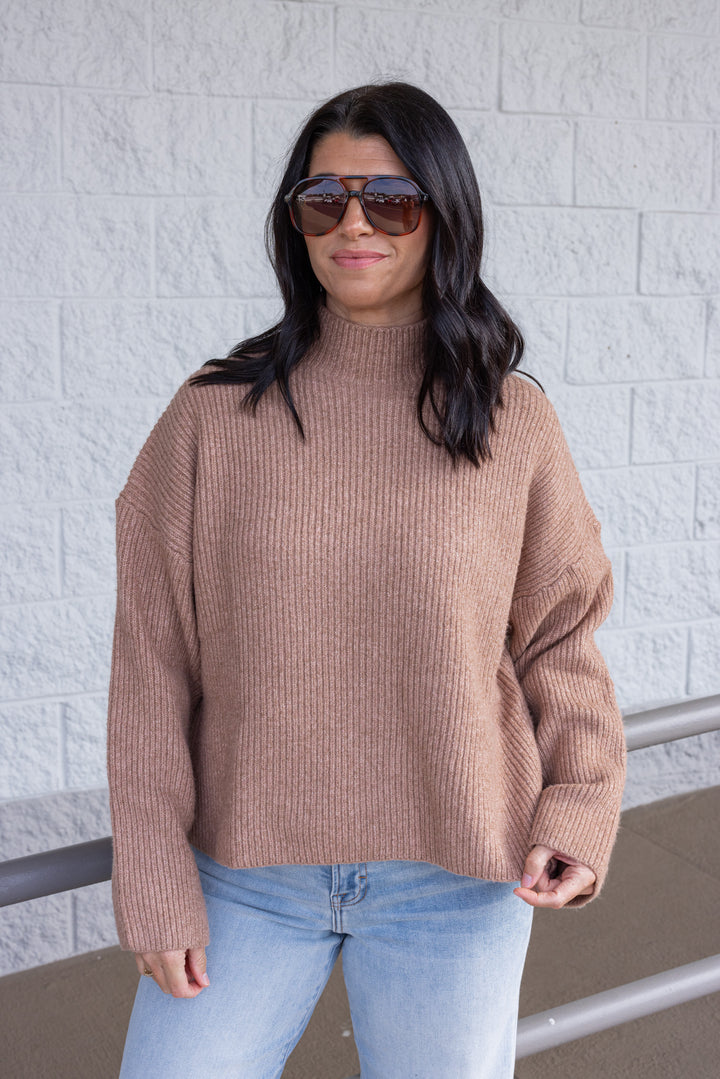 Women's cocoa brown ribbed knit sweater by Wishlist showing up close front view