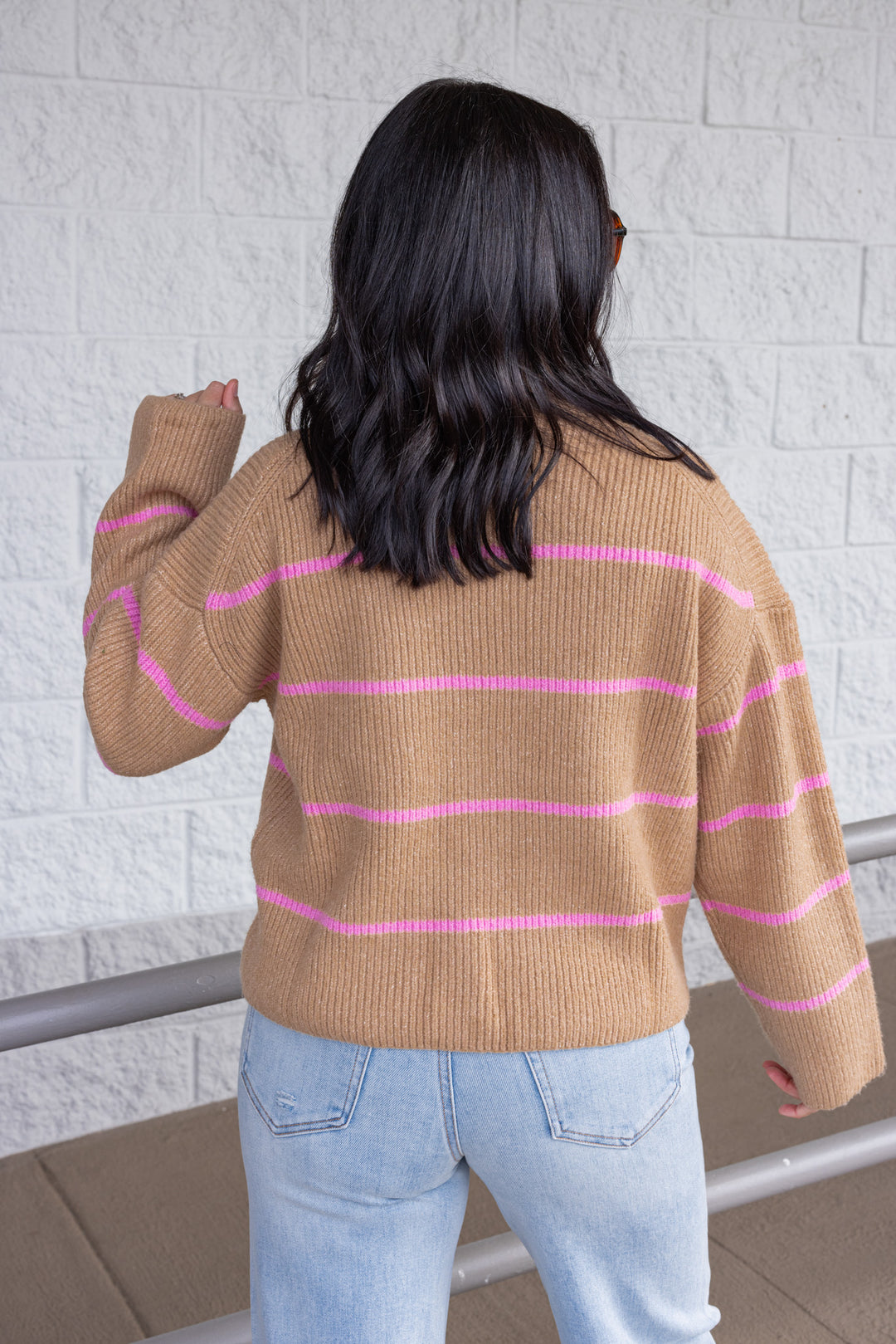 Women's taupe ribbed knit sweater with pink stripes by Wishlist showing up close back view