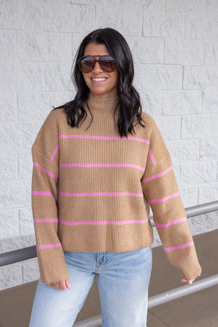 Women's taupe ribbed knit sweater with pink stripes by Wishlist