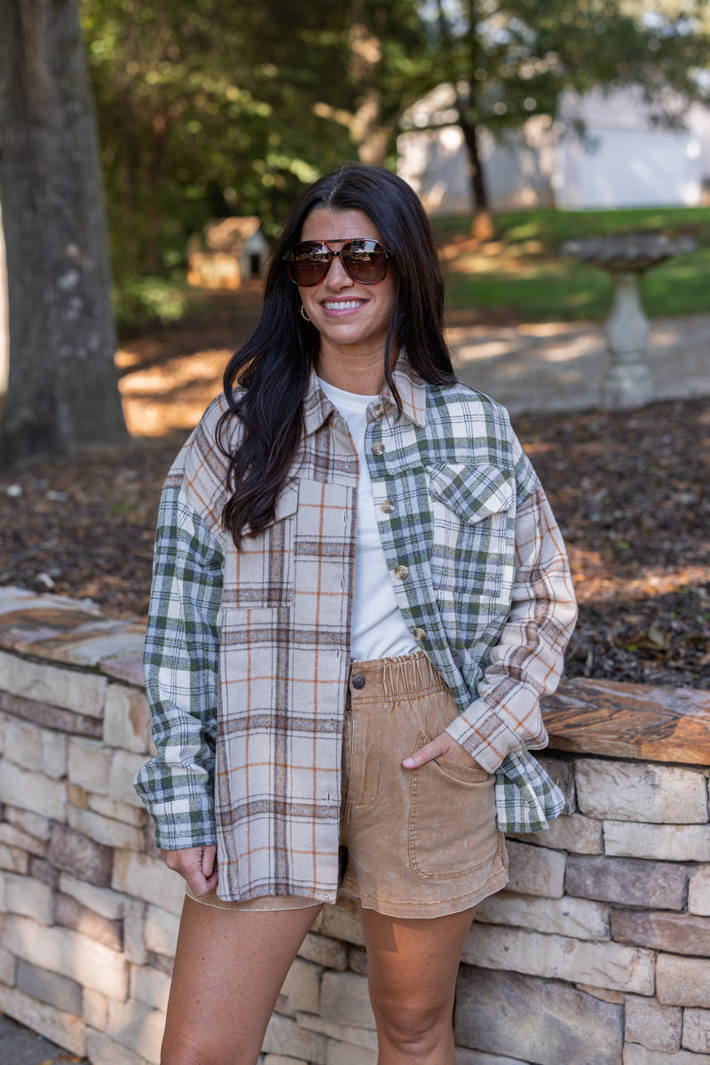 tan olive plaid flannel top