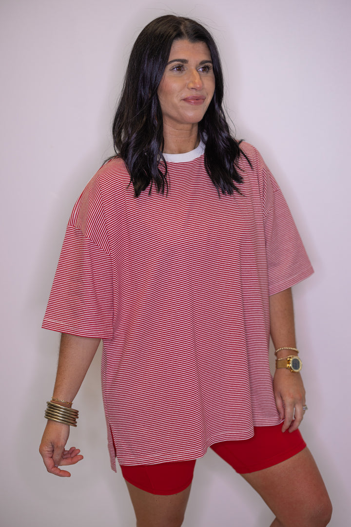 Women's red and white striped knit oversized top, great for warmer weather